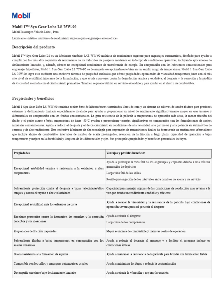 GL XX Mobil 1 Syn Gear Lube LS 75W 90 | PDF | Lubricante | Ingeniería ...