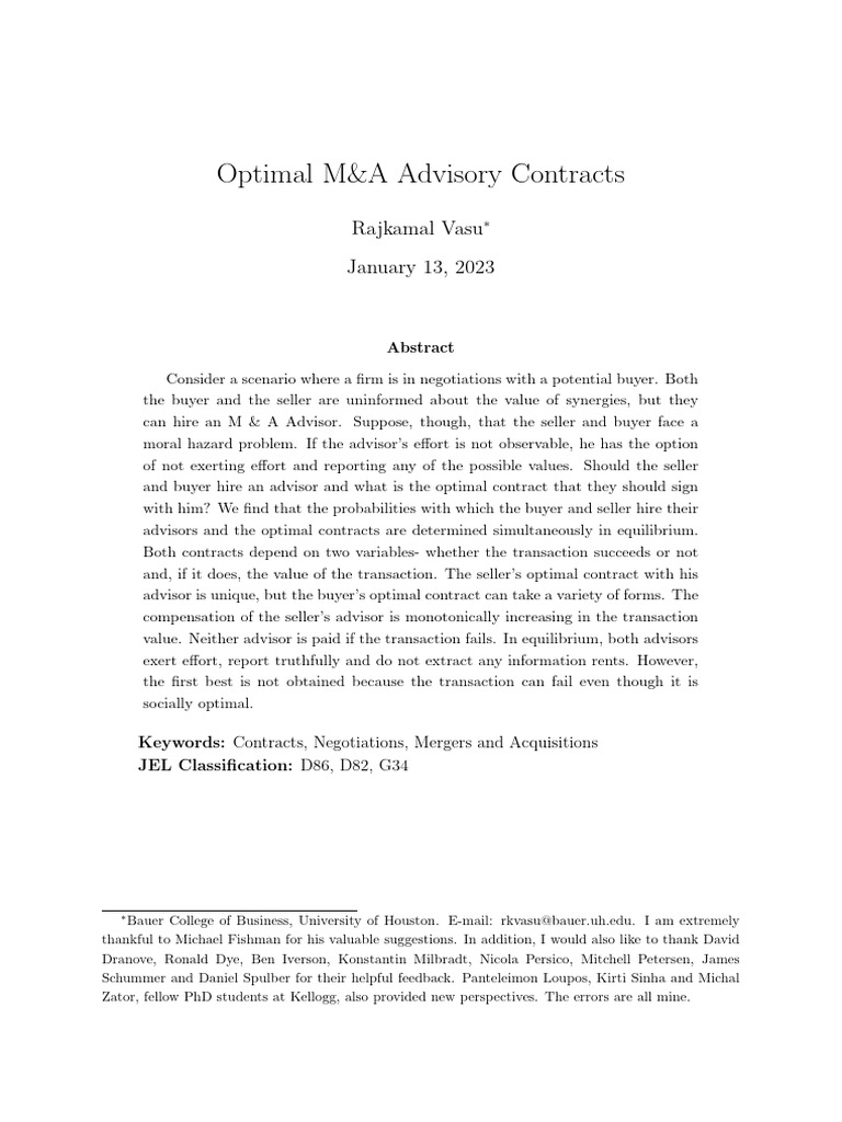 Optimal M A Advisory Contracts | PDF | Mergers And Acquisitions ...