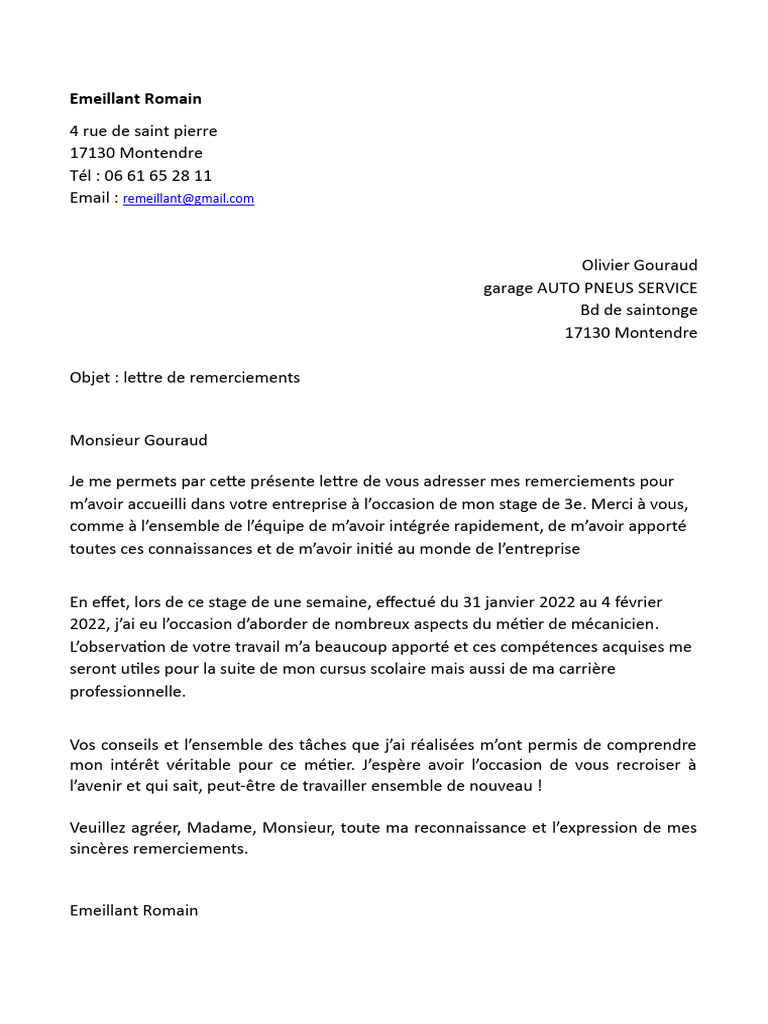 Remerciements pour un stage chez Gouraud | PDF