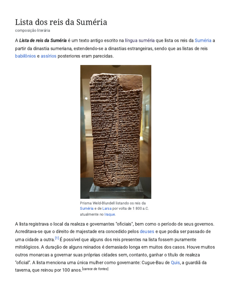 Lista dos Reis da Suméria Antiga | PDF | Arqueologia do Iraque | Suméria