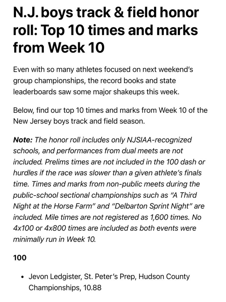 N.J. Boys Track & Field Honor Roll: Top 10 Times and Marks From Week 10 ...