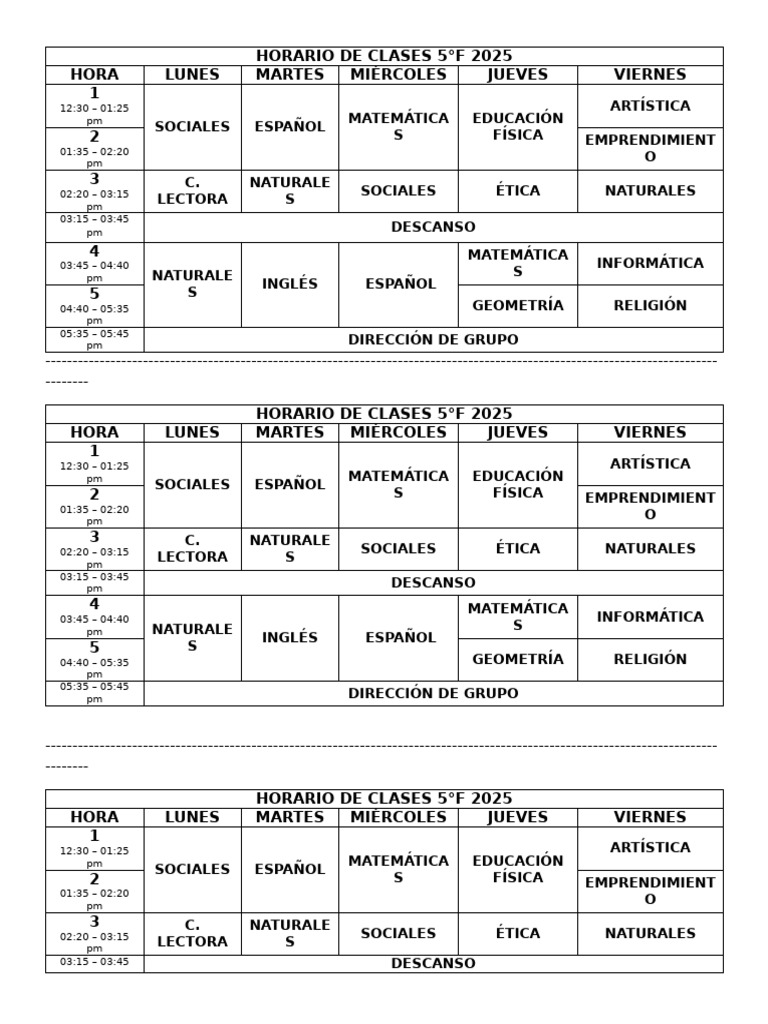 Horario 5°F Regreso a Clases 2025 | PDF