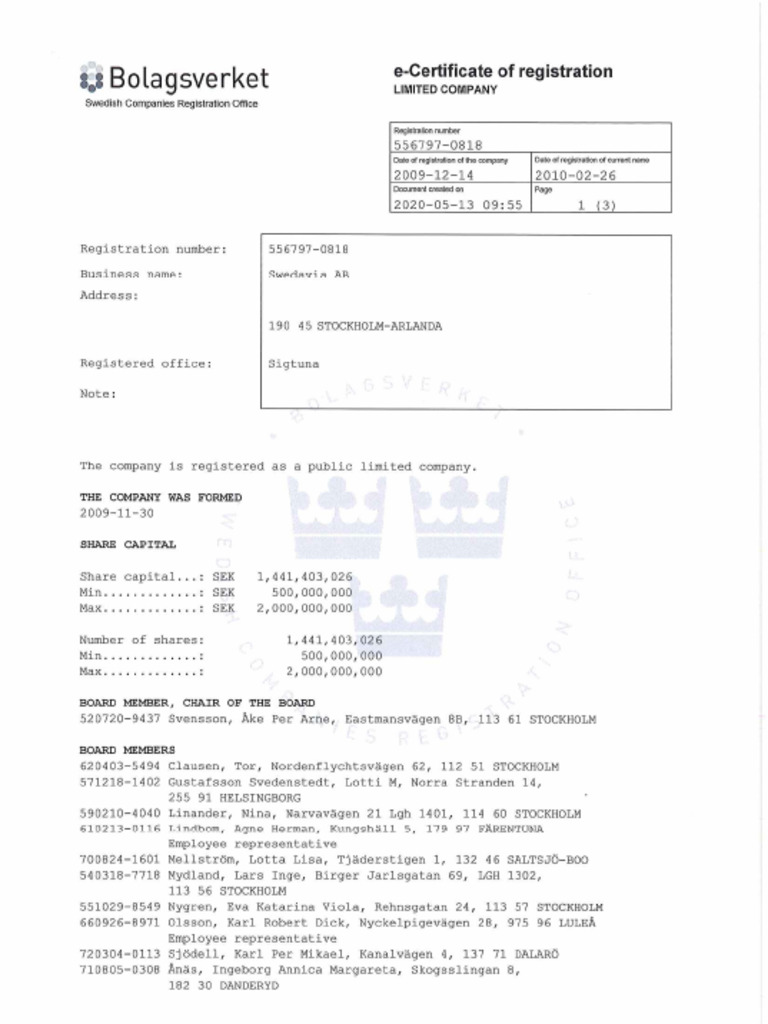 Certificate of Registration Swedavia Ab | PDF