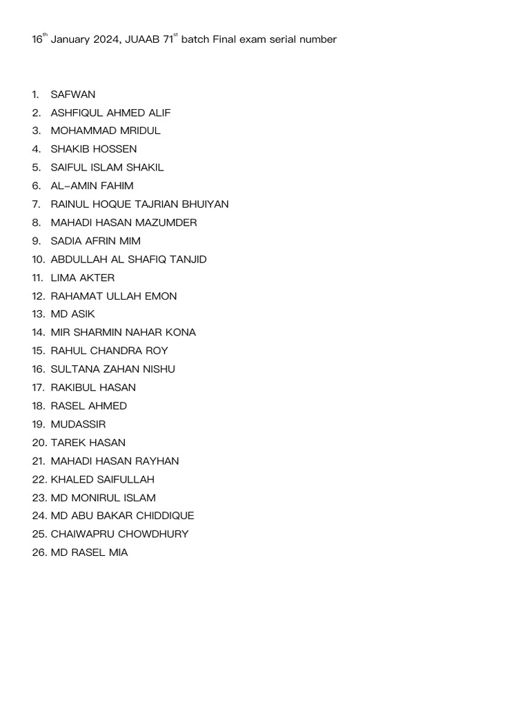 JUAAB 71st Batch Final Exam List | PDF