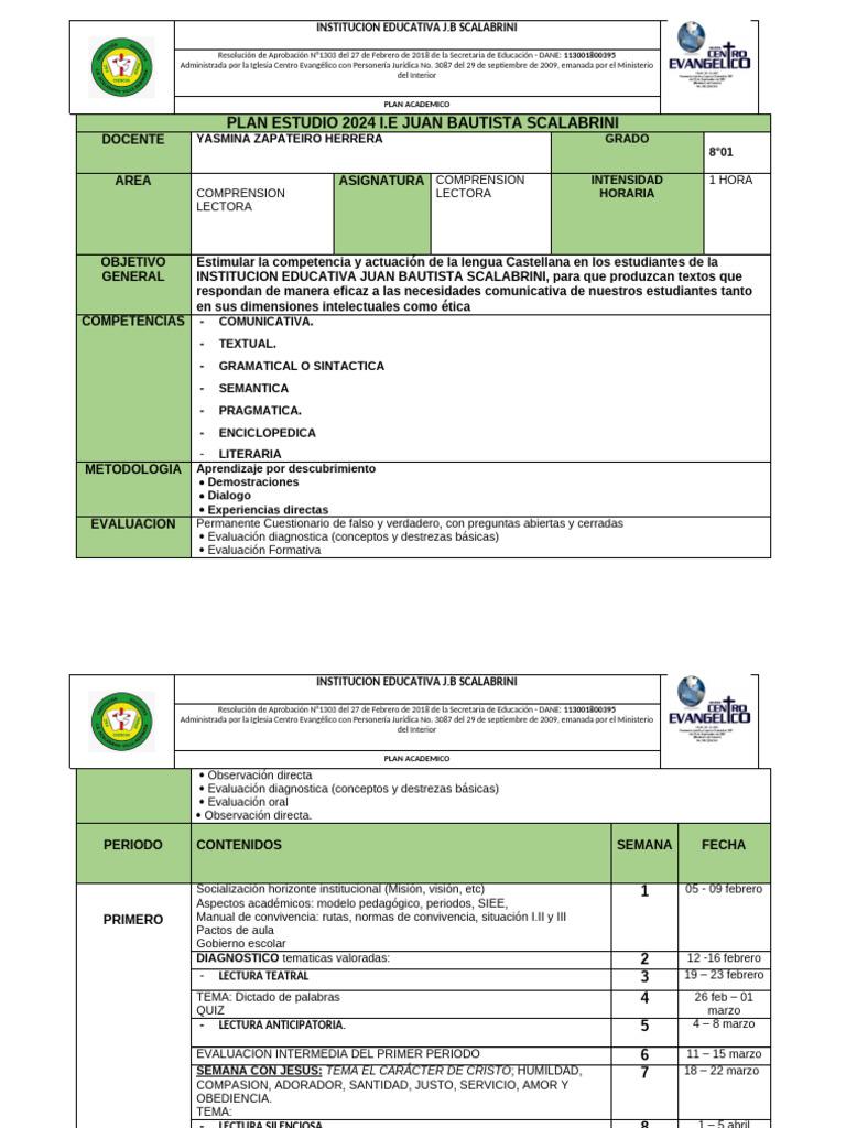 Plan de Comprensión Lectora 2024 8°01 | PDF | Aprendizaje