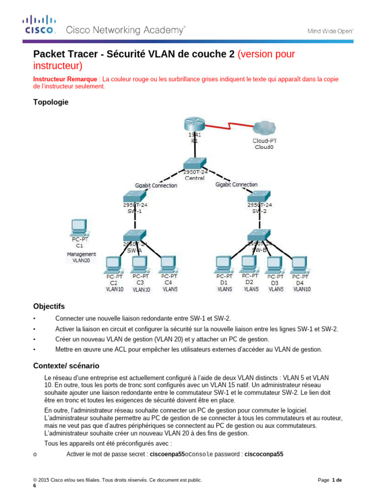 Sécurisation VLAN 20 avec Packet Tracer | PDF | Protocoles Internet ...