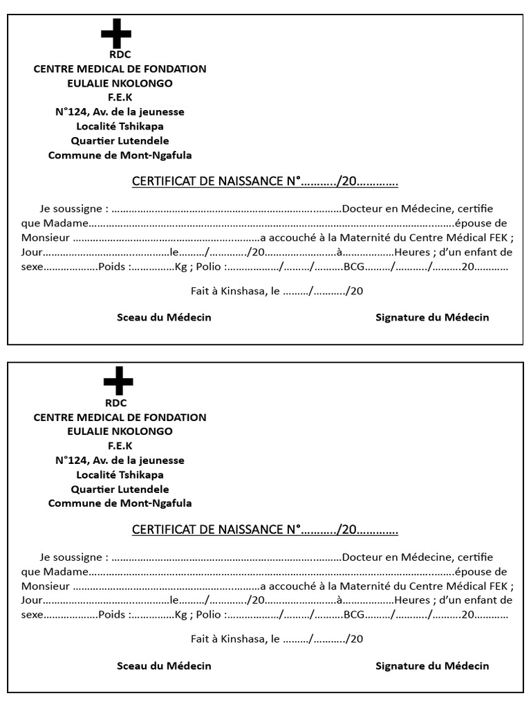 Certificat de Naissance RDC 2023 | PDF