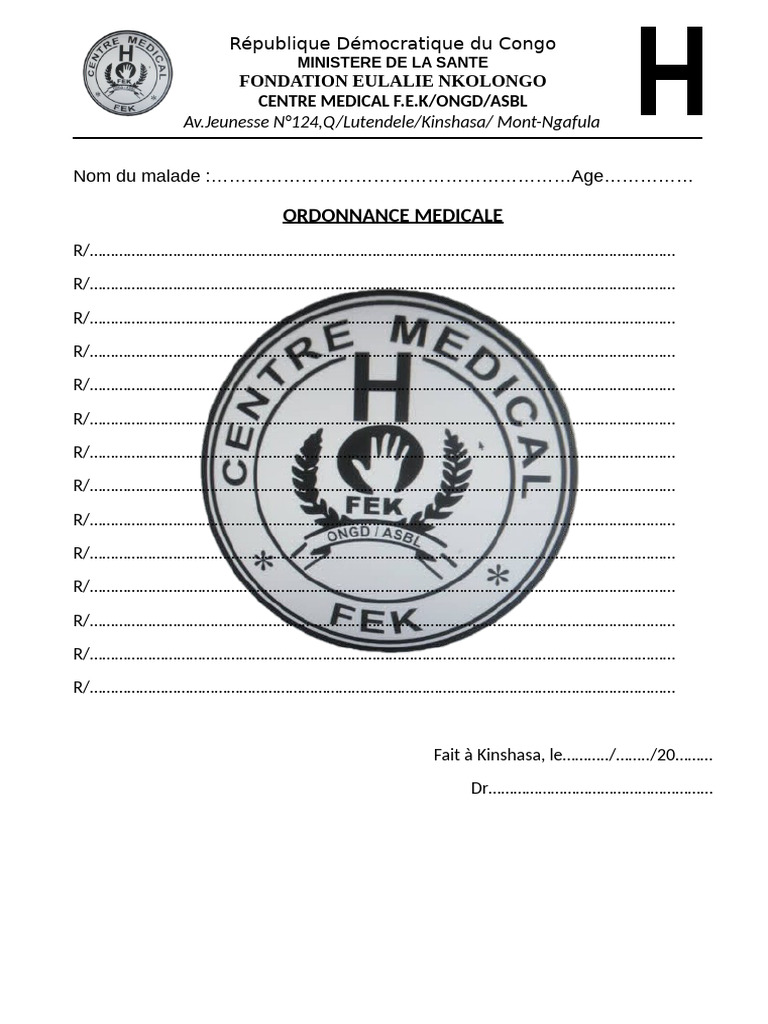 Modèle d'Ordonnance Médicale RDC | PDF