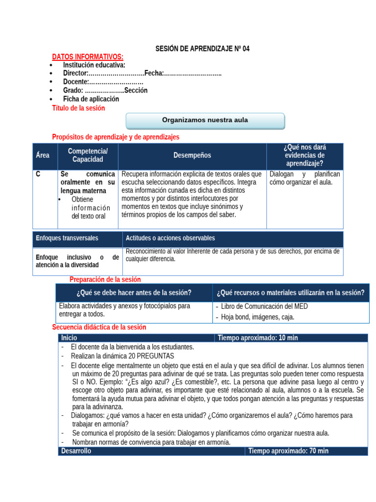 SESIÓN PARA ORGANIZAR EL AULA (1) | PDF | Aprendizaje | Salón de clases