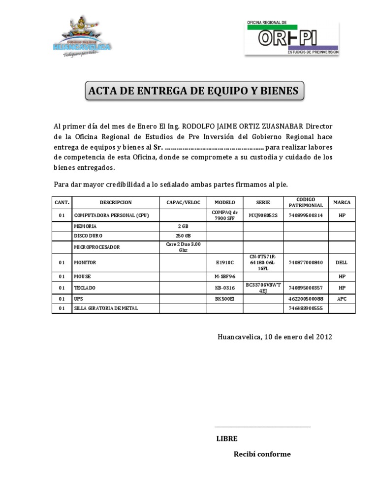 Acta de Entrega de Equipo y Bienes 2012