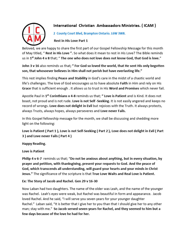 Rest in His Love: Gospel Message Part 1 | PDF | Leah | Rachel