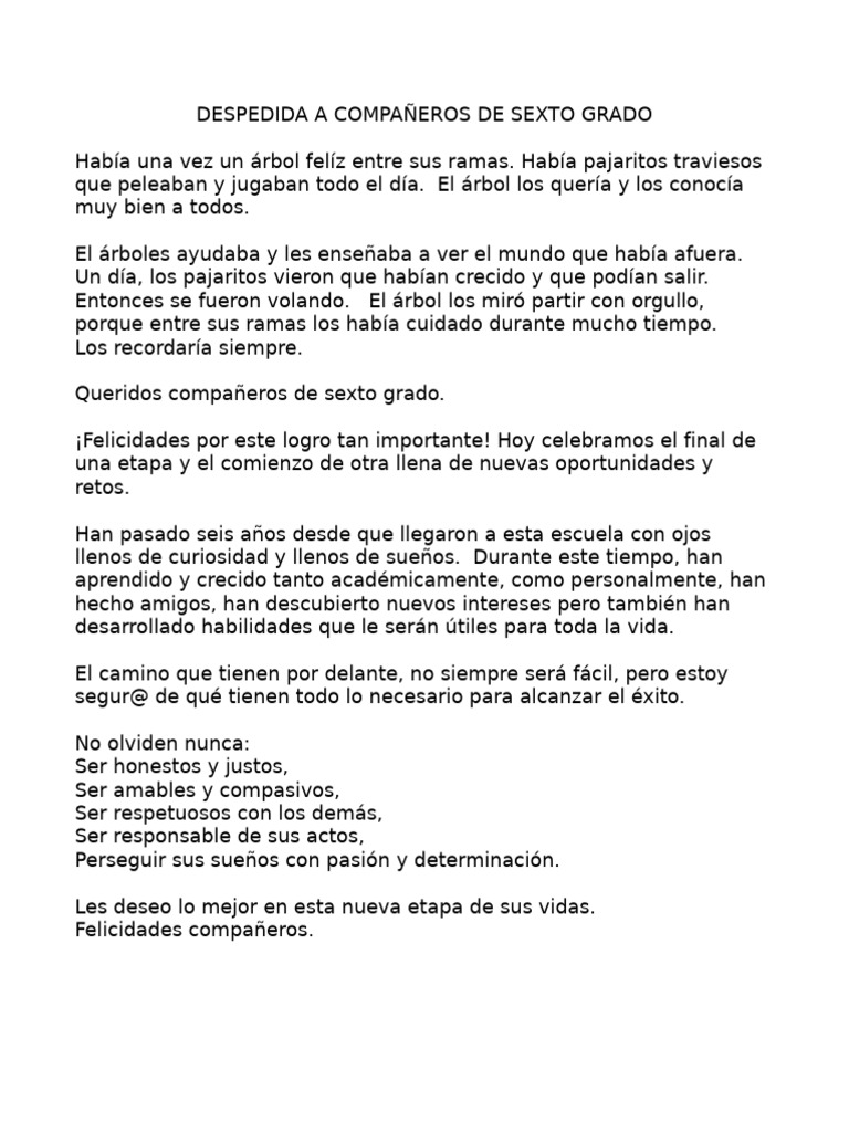 DESPEDIDA A COMPAÑEROS DE SEXTO GRADO | PDF