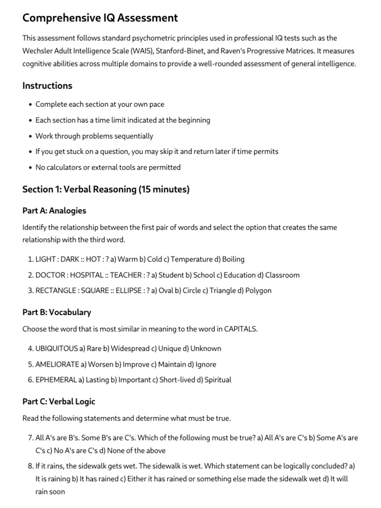 Comprehensive IQ Assessment | PDF | Intelligence Quotient | Wechsler ...