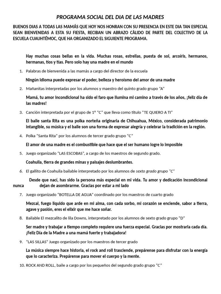 Programa Social Del Dia de Las Madres | PDF | Amor