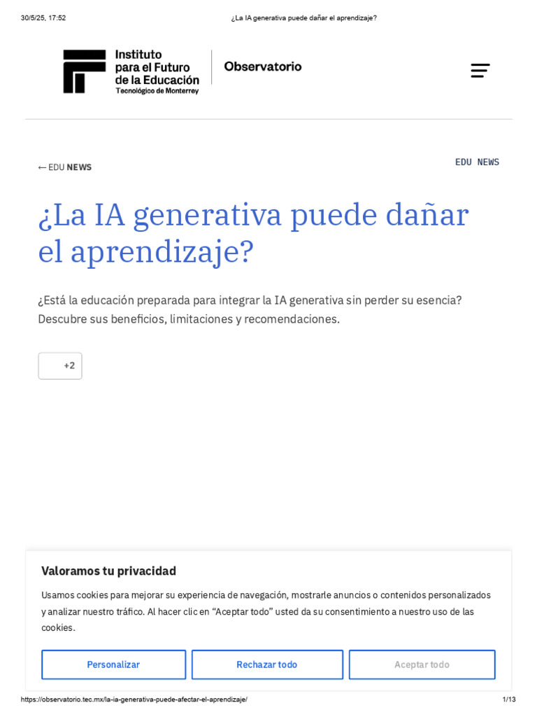 Impacto de la IA Generativa en el Aprendizaje | PDF | Inteligencia ...