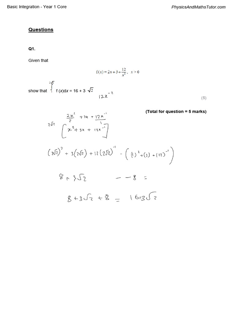 Year 1 Basic Integration Questions | PDF | Integral | Mathematics