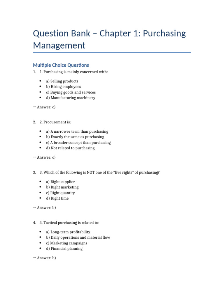Purchasing Management MCQs and Answers | PDF | Procurement | Marketing