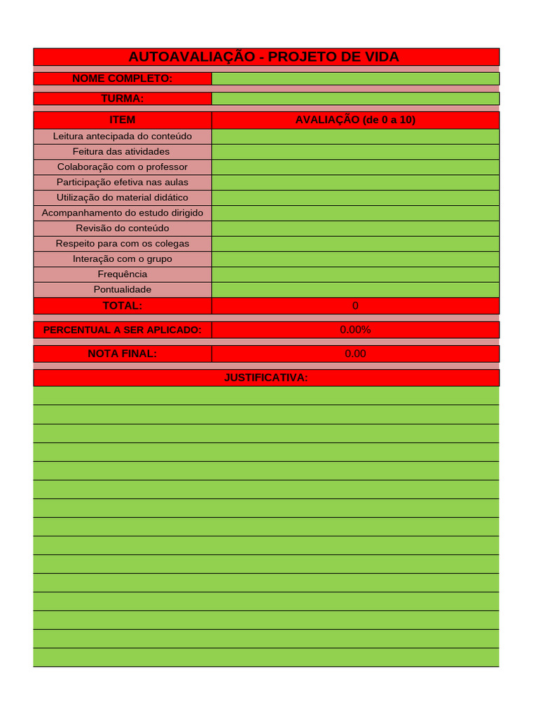 Autoavaliação do Projeto de Vida | PDF
