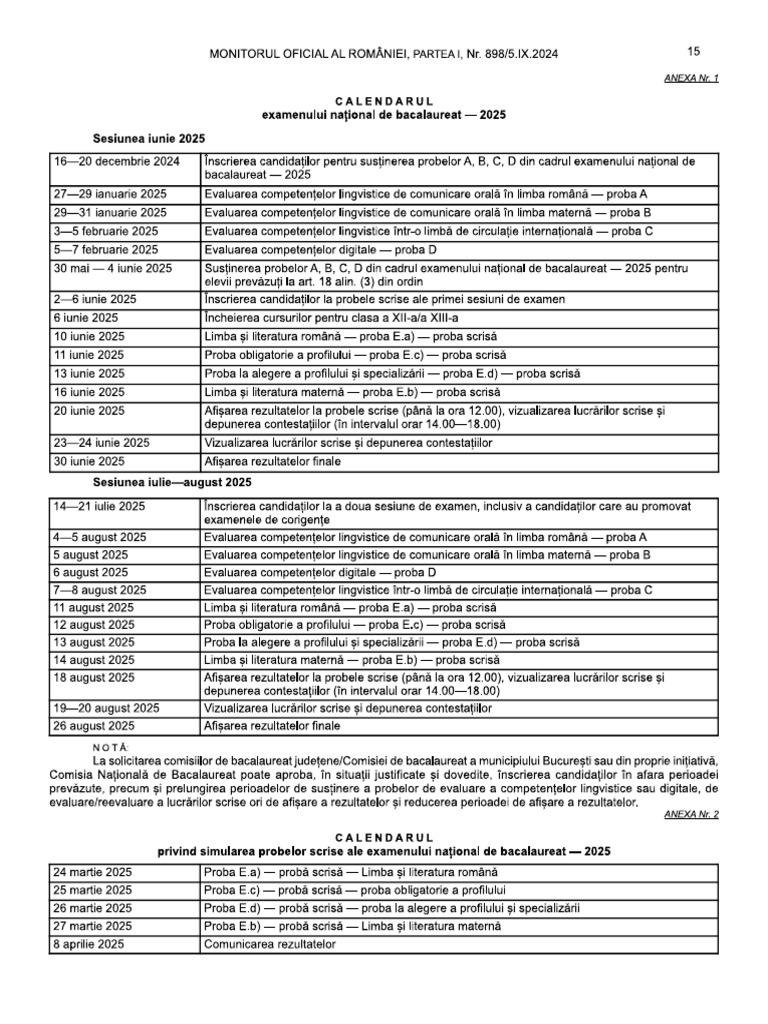 Calendar Bacalaureat 2025 | PDF
