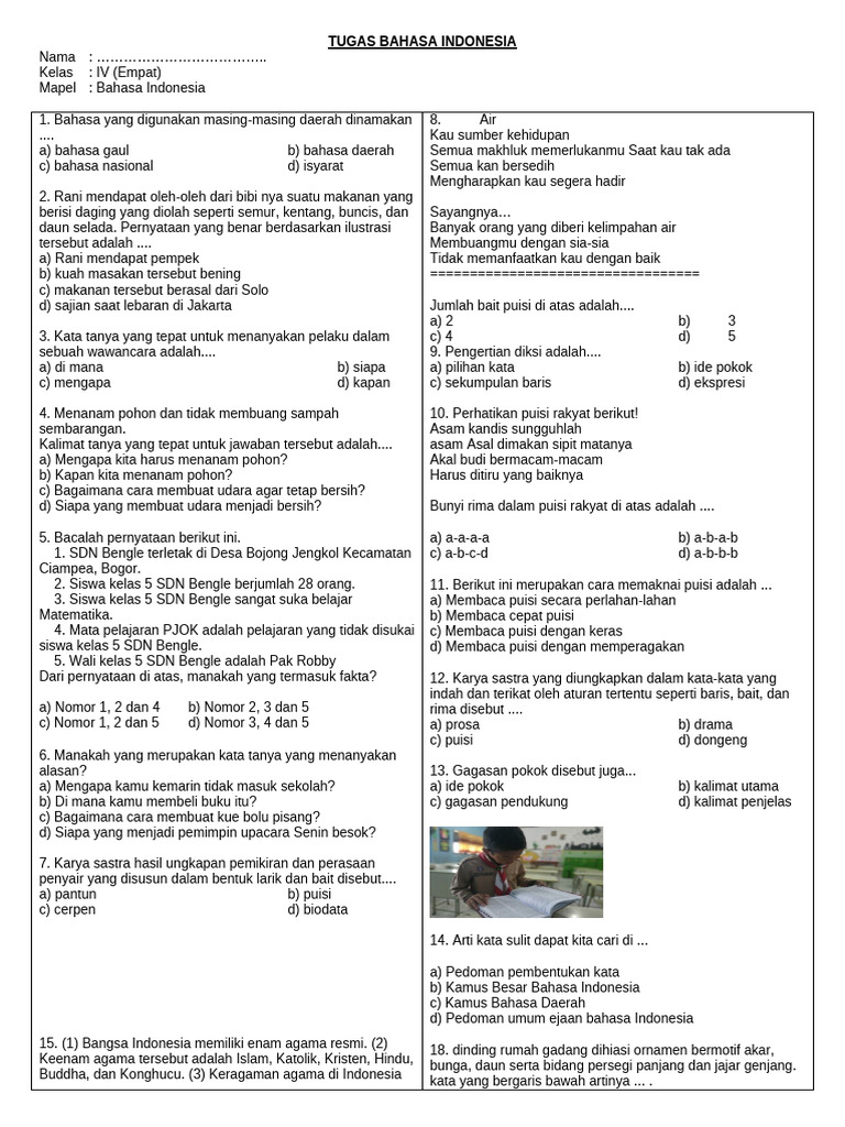 Tugas Bahasa Indonesia Kelas IV | PDF