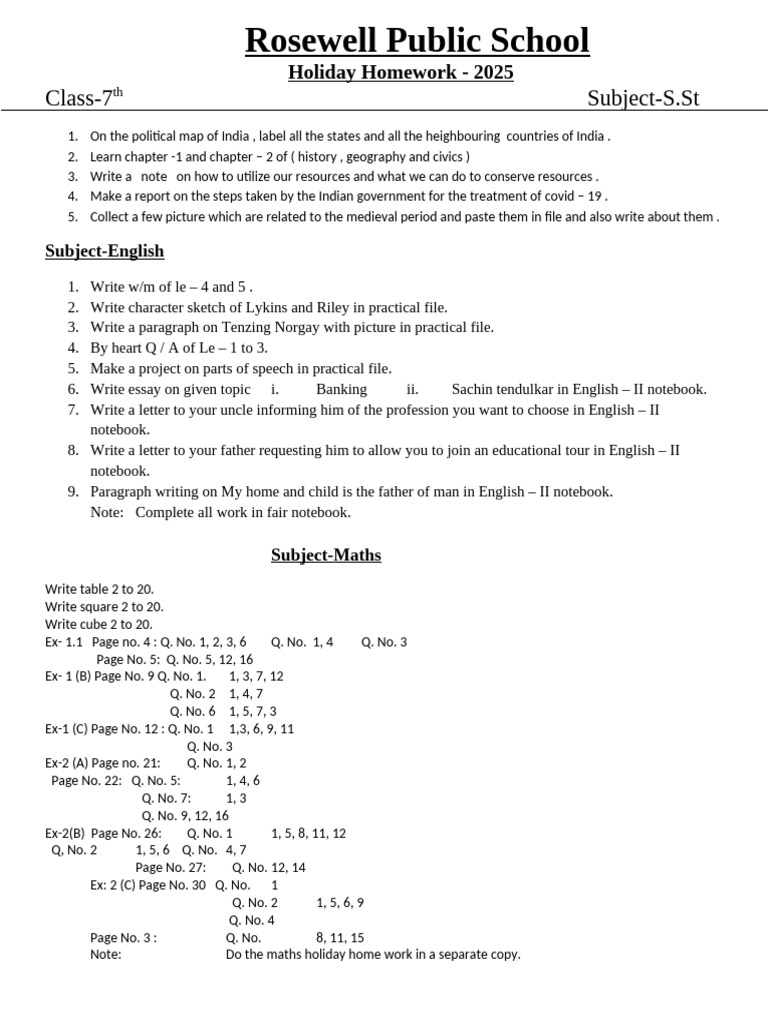 Class 7 Holiday Homework 2025 | PDF