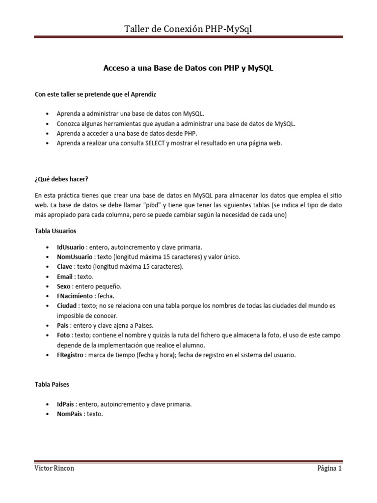 Taller de Conexión Php-Mysql | PDF | Mi sql | Bases de datos