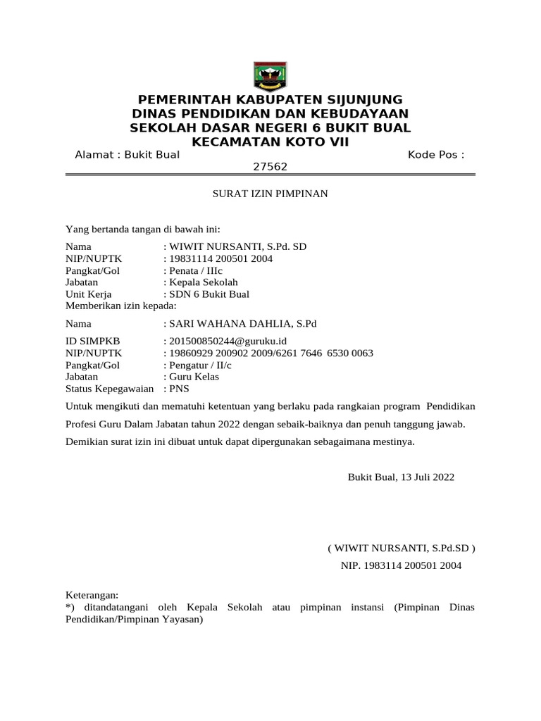Surat Izin Guru untuk Pendidikan Profesi | PDF