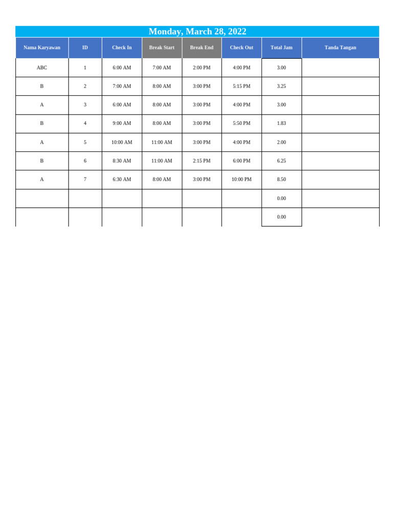 Template 11 Time in and Out With Employee Signs | PDF