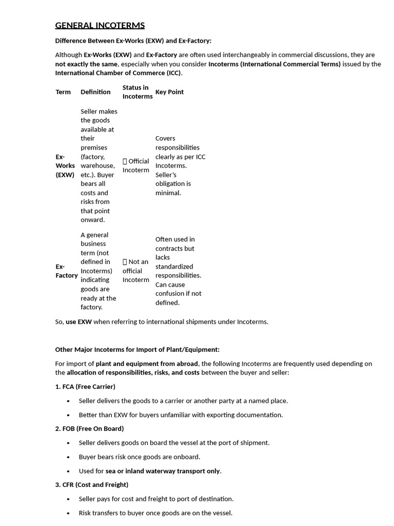 Ex-Works vs. Ex-Factory in Incoterms | PDF