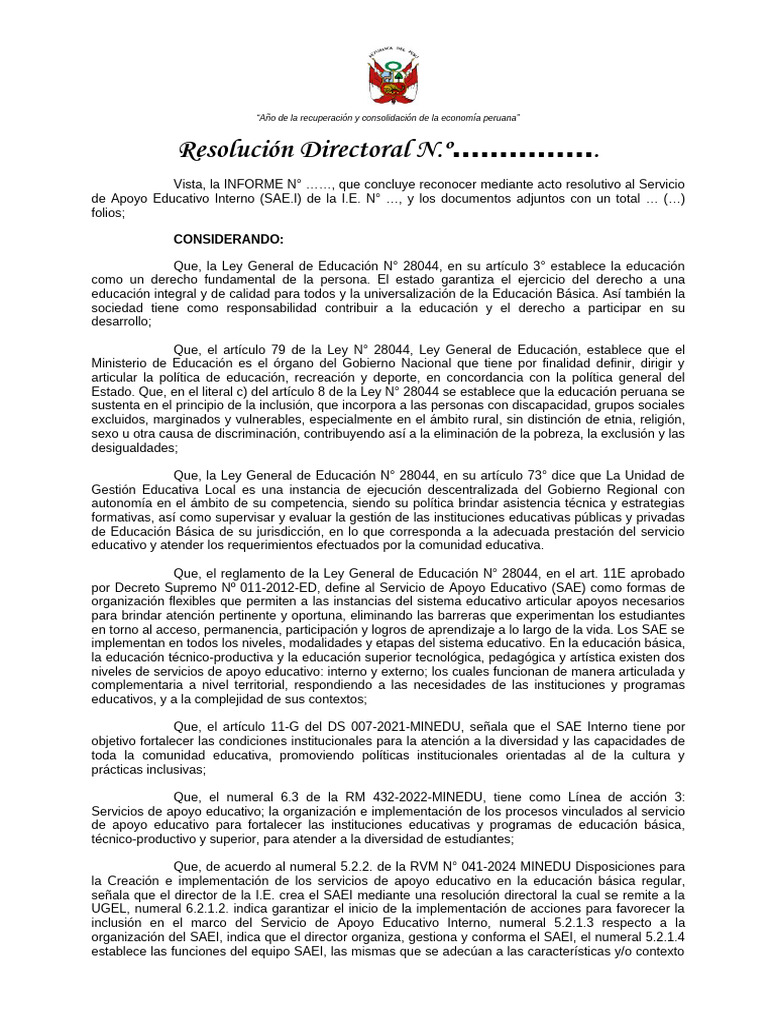 Formato Sugerido de RD. para Aprobar SAEI | PDF | Educación primaria ...