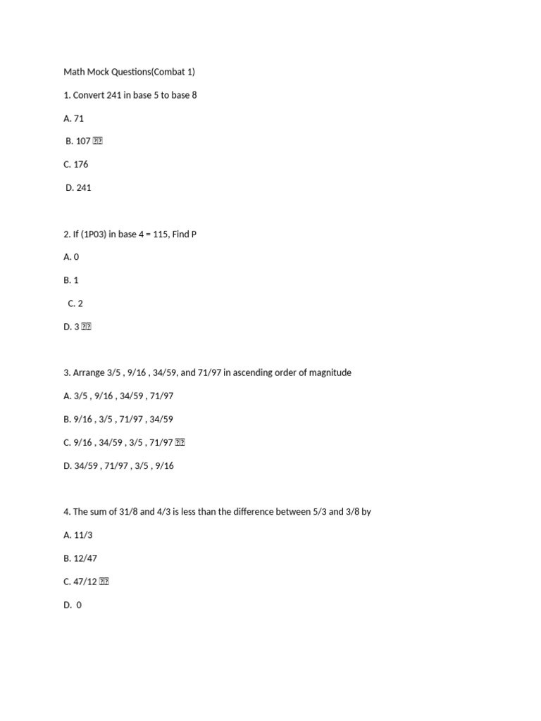 Math Mock Questions and Answers | PDF | Mathematics | Arithmetic
