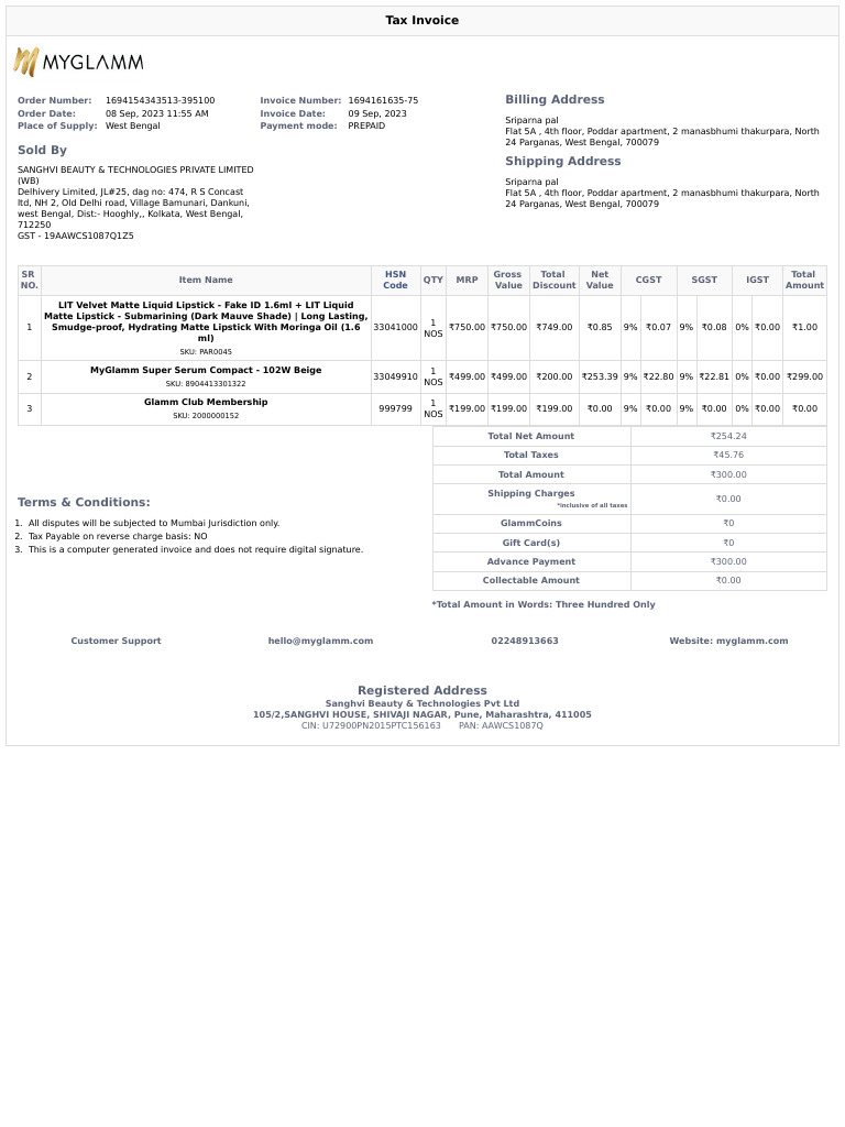 MyGlamm Invoice 1694161635-75 | PDF | Payments | Taxes