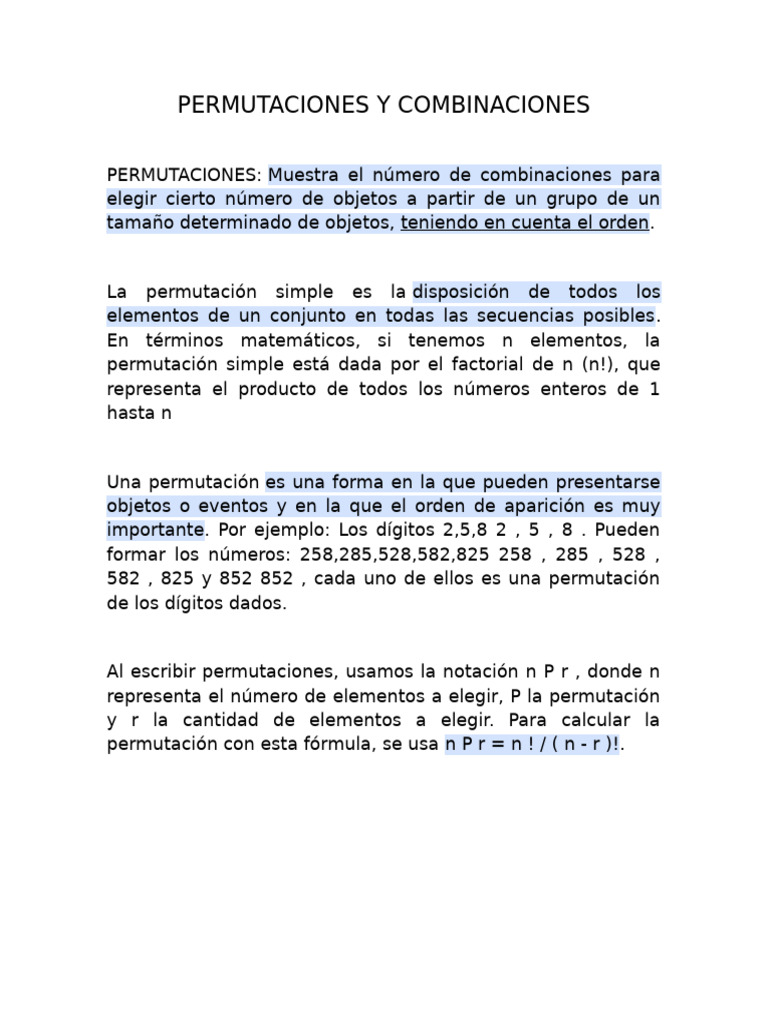 Ejercicios de Permutaciones y Combinaciones | PDF | Permutación ...