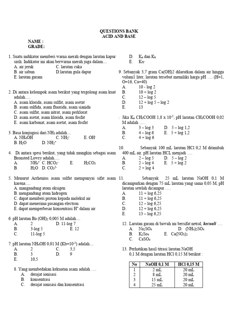 Soal Asam Basa untuk Kelas 11 | PDF