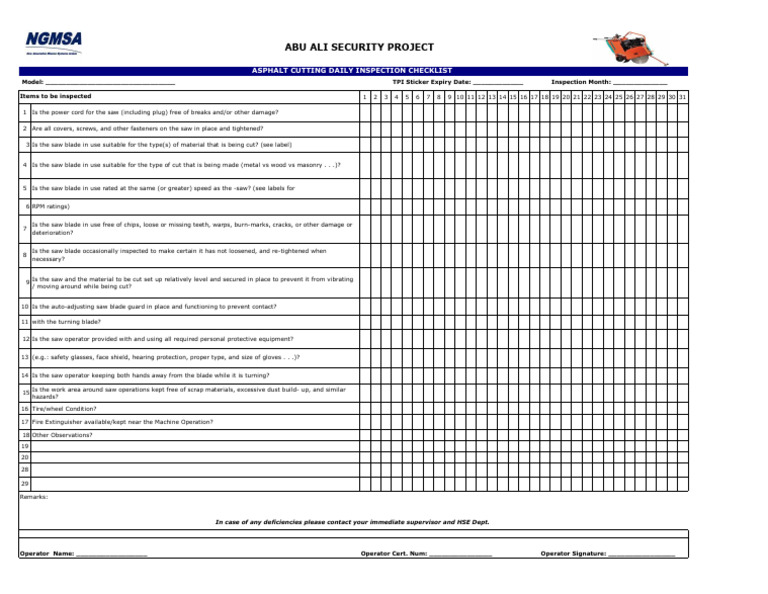 Asphalt Cutter Daily Checklist | PDF | Equipment | Manufactured Goods