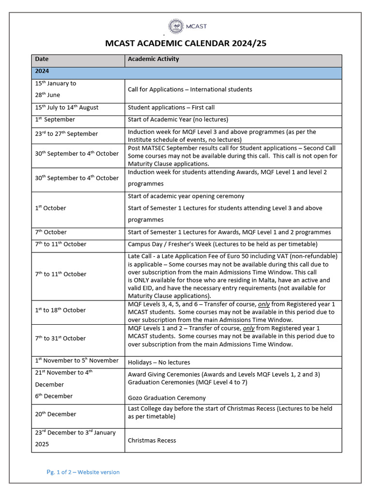 MCAST Academic Calendar 2024/25 | PDF | Academic Term | Academia
