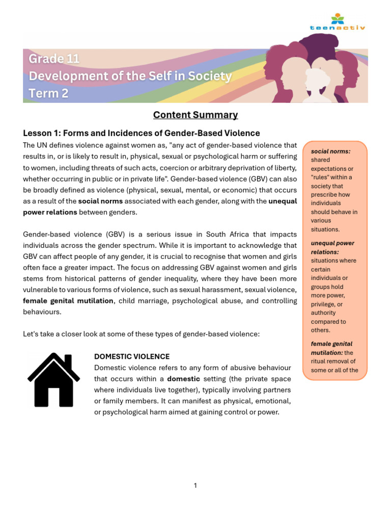 Grade 11 Gender-Based Violence Notes | PDF | Prejudices | Domestic Violence