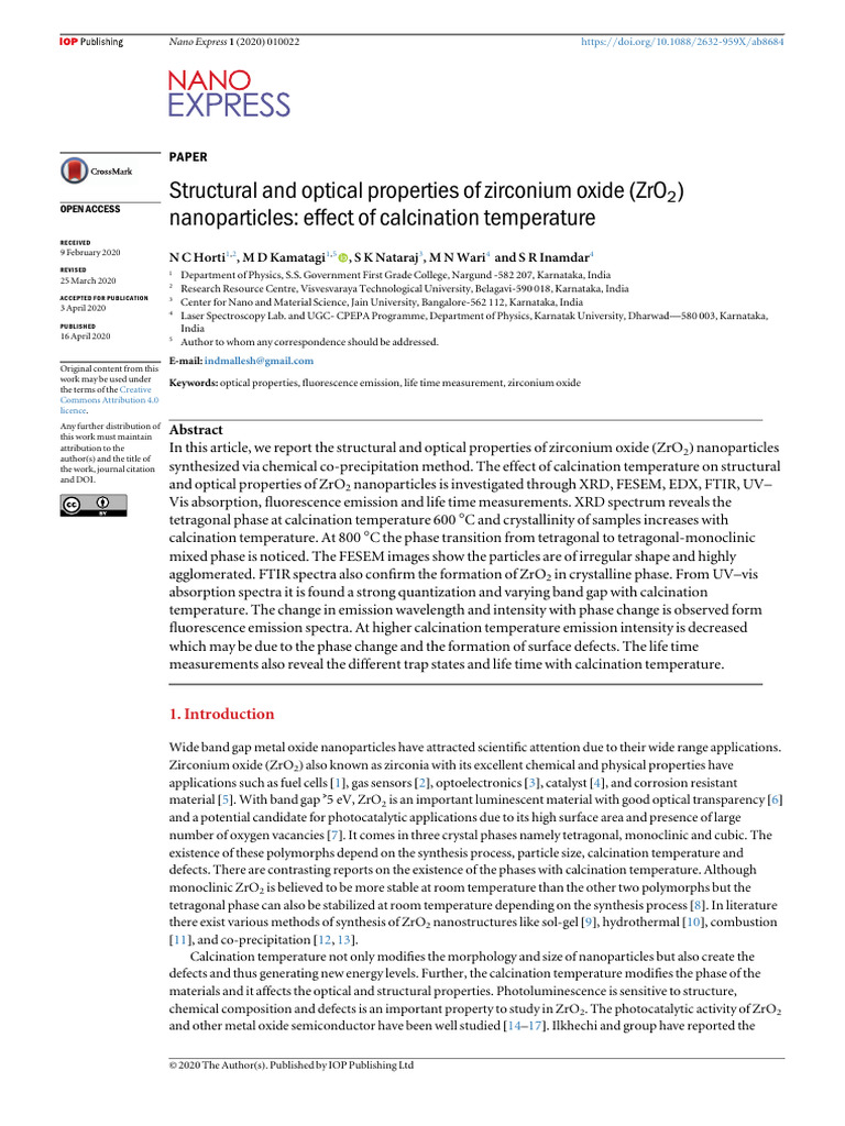 ZrO2 Nanoparticles: Structure & Optics Analysis | PDF | Zirconium ...