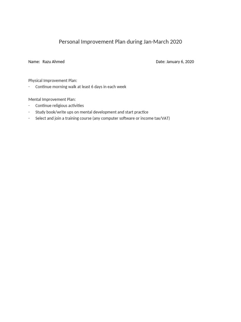 Personal Improvement Plan Jan-Mar 2020 | PDF