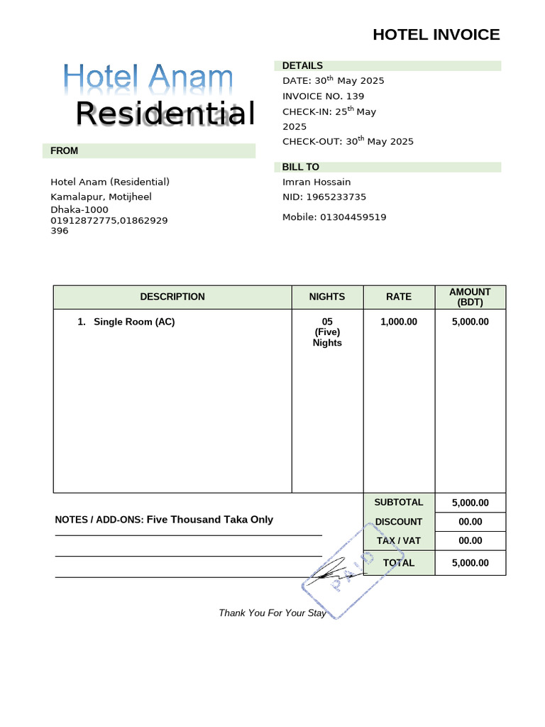 Hotel Invoice for Stay at Anam | PDF