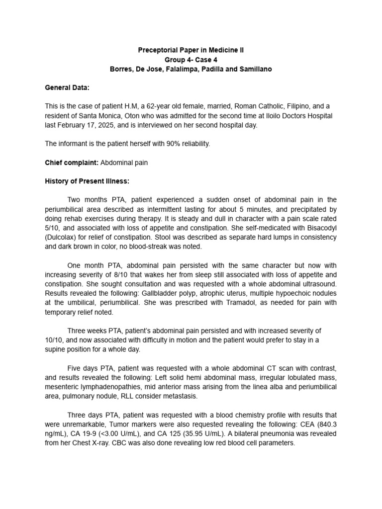 Case Study: Abdominal Pain in Female Patient | PDF | Medical ...
