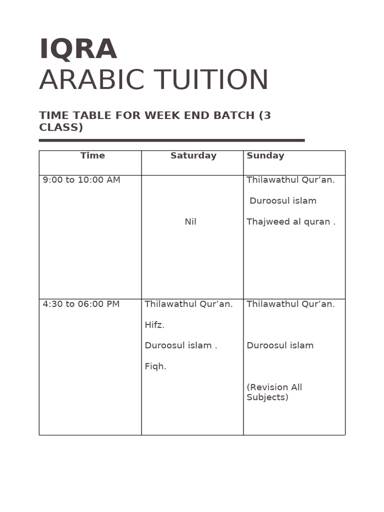 Iqra ARABIC TUITION Time Table 3 Class | PDF