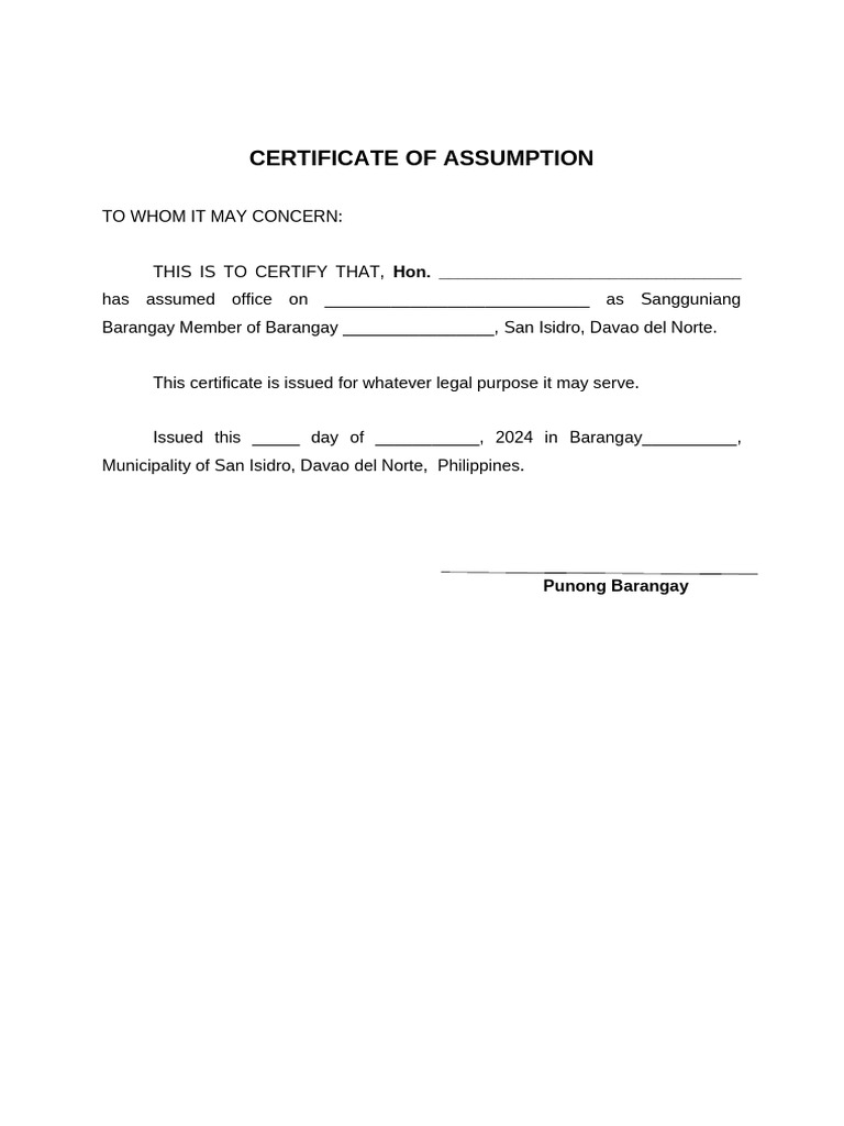 Certificate of Assumption for Barangay Member | PDF