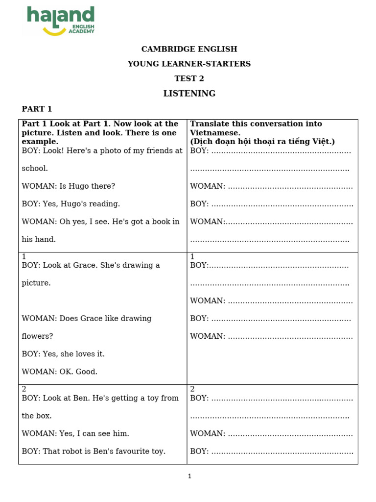 Cambridge Young Learners Listening Test | PDF