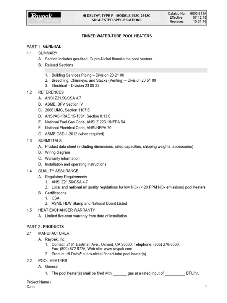 Finned Tube Pool Heaters Specifications | PDF