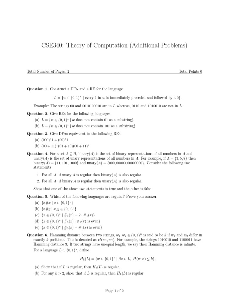 CSE340 Theory of Computation Problems | PDF | Mathematics