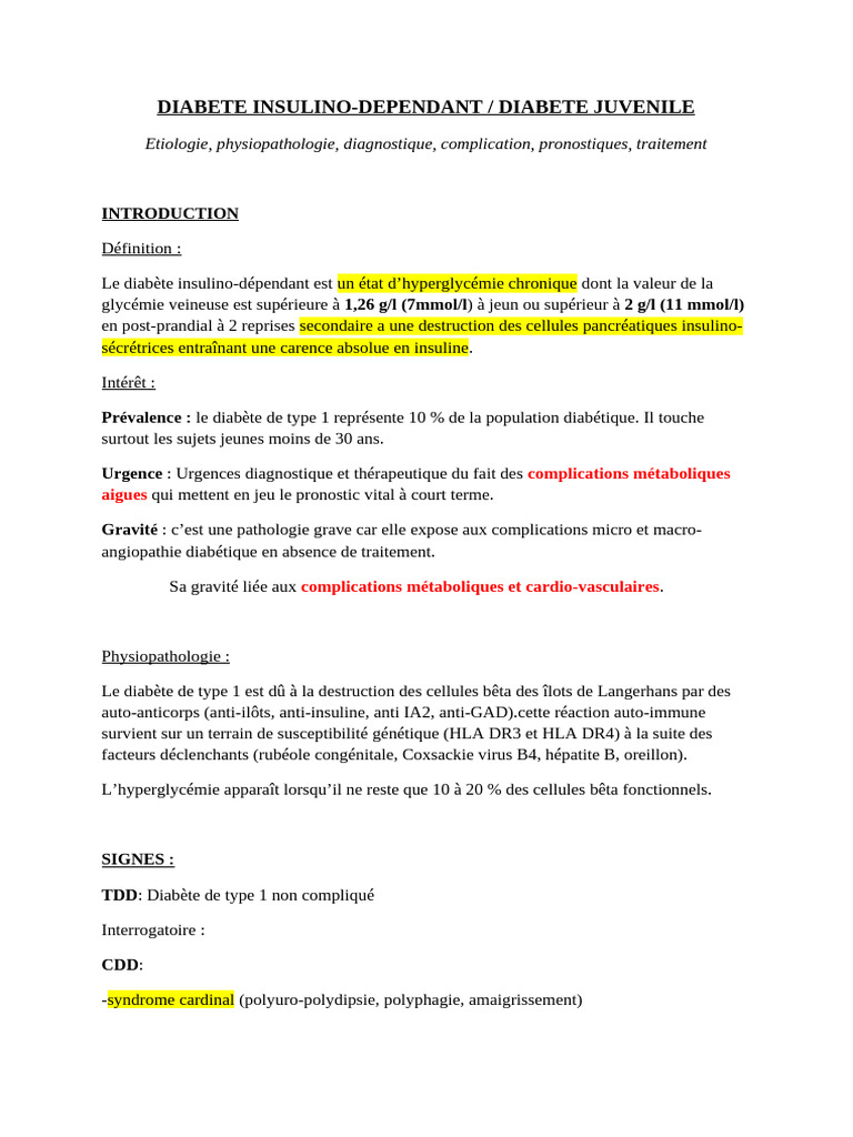 Syndrome cardinal du diabète de type 1 | PDF | Diabète | Maladies et ...