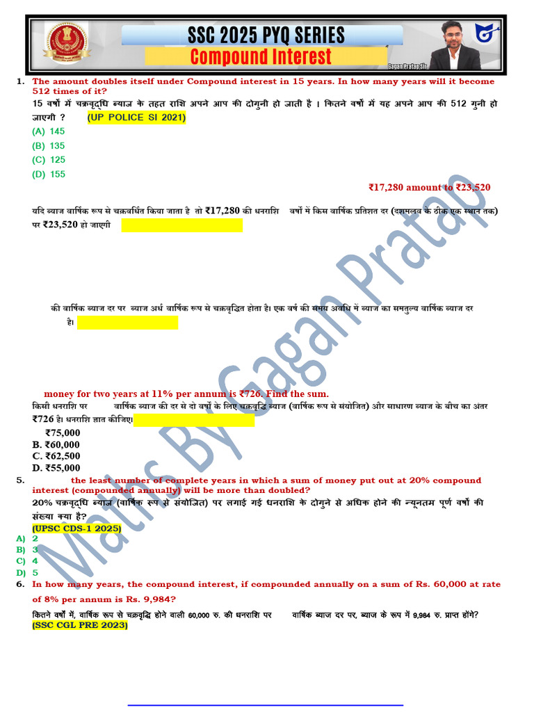 MATHS PYQ SERIES Compound Interest चक्रवृद्धि ब्याज By Gagan Pratap | PDF