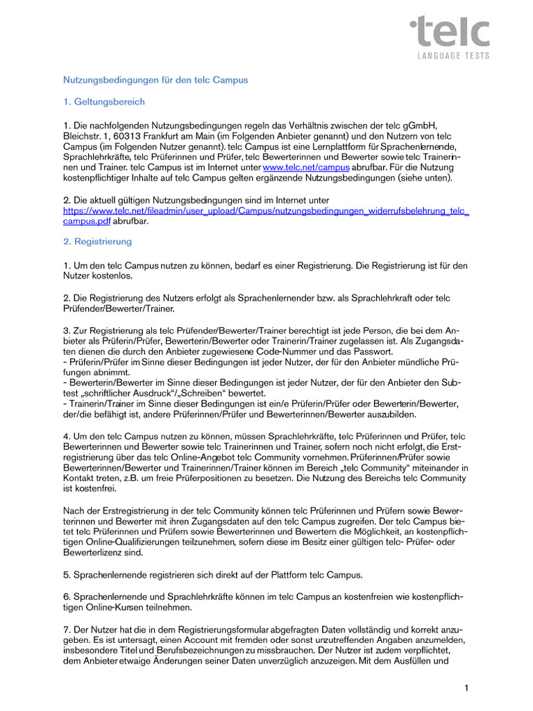 Nutzungsbedingungen Widerrufsbelehrung Telc Campus | PDF