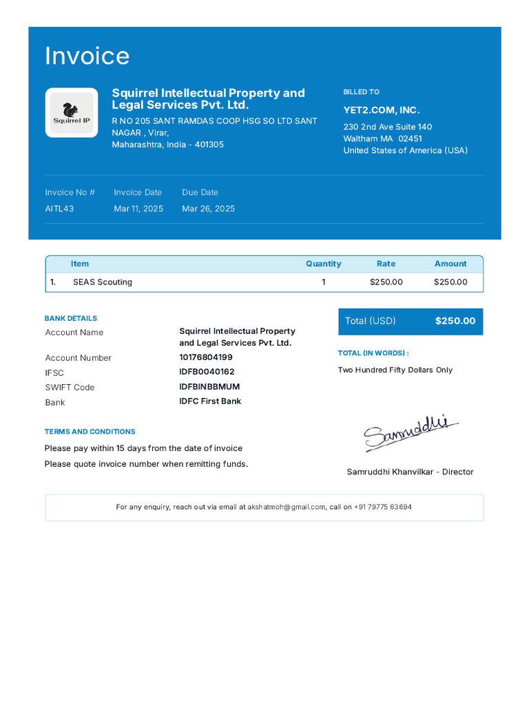 Invoice Aitl43 Squirrel Intellectual Property and Legal Services PVT ...